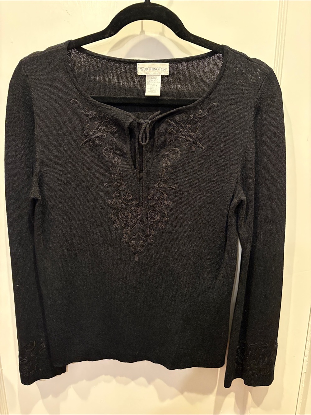 Worthington Black Embroidered Lace-Up Knit Top BN106